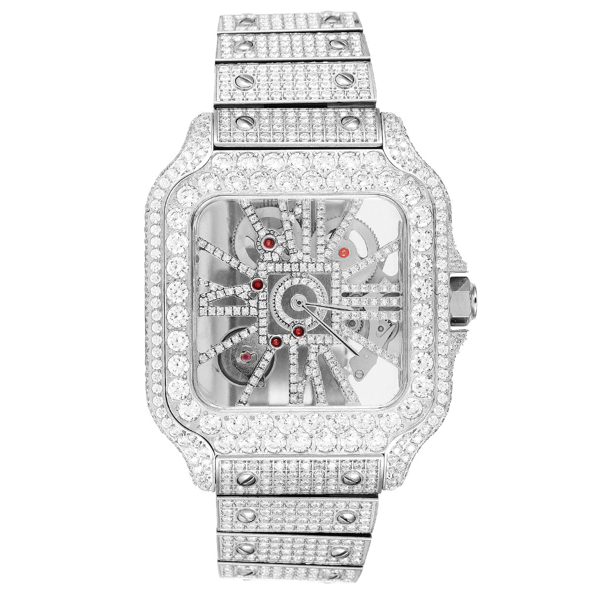 Stainless Steel Moissanite White Tone Skeleton Dial Mens Watch