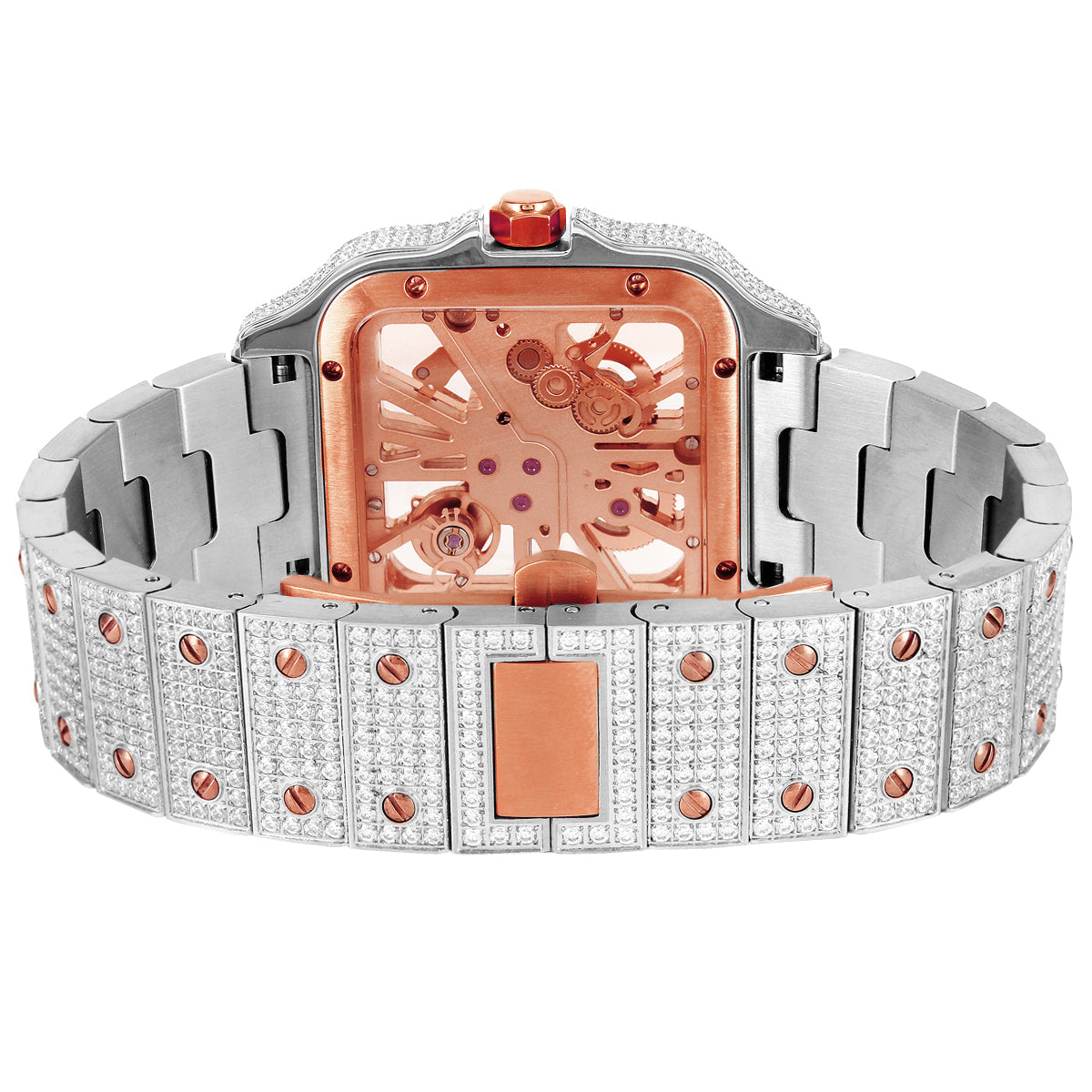 Moissanite Two Tone Rose Gold Skeleton Dial Watch