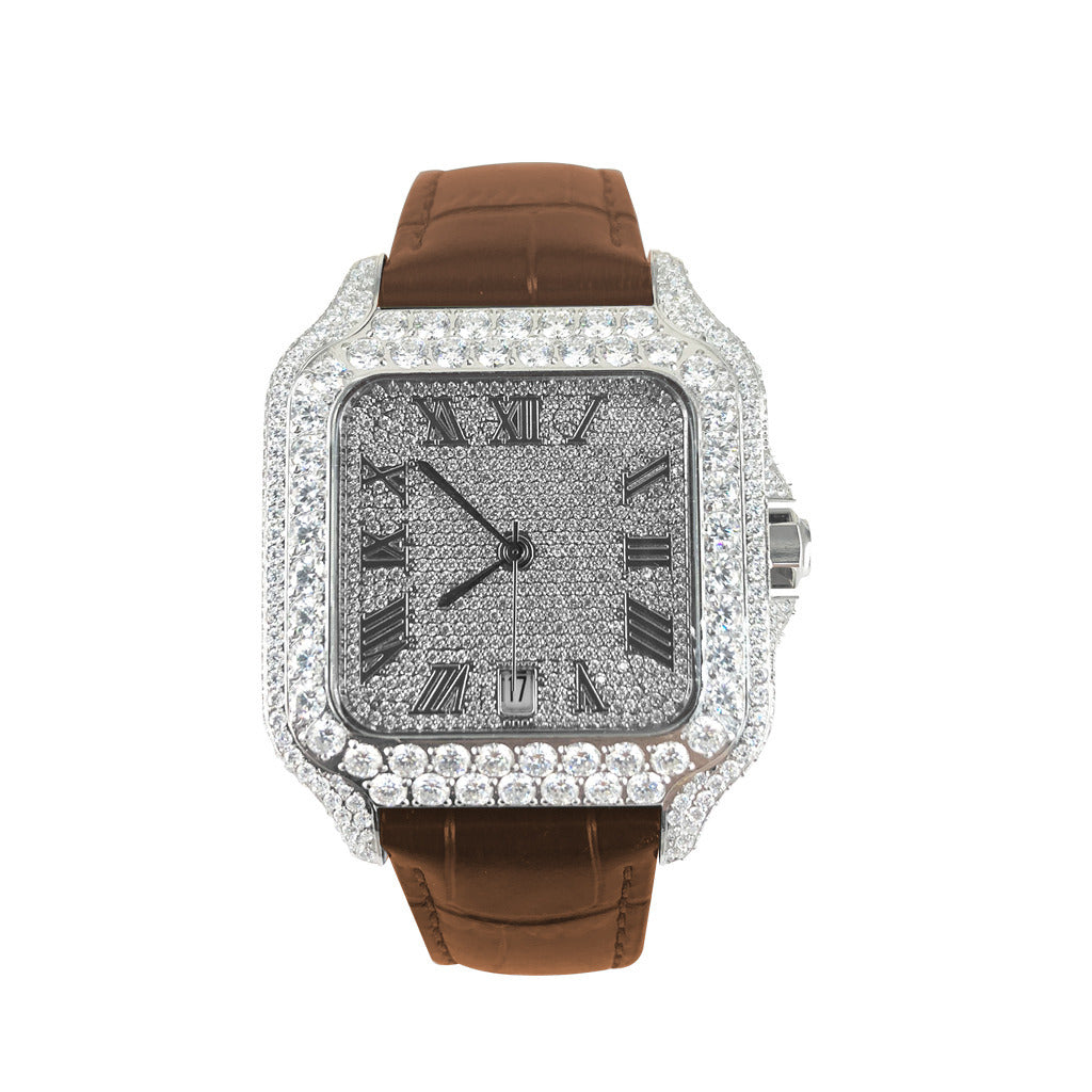 Moissanite Half Iced Brown Croco Leather Band Bezel 9.6ct Watch
