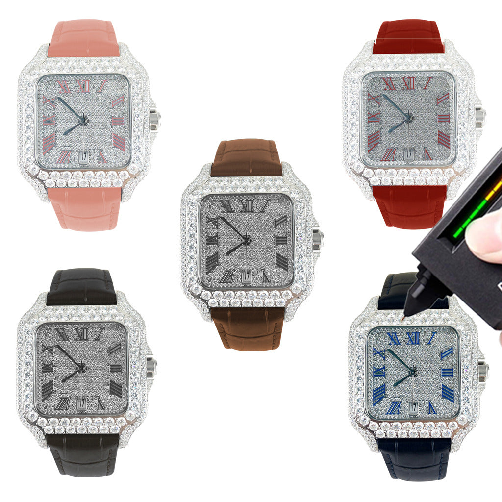 Moissanite 40mm Pink Leather Band Automatic Watch